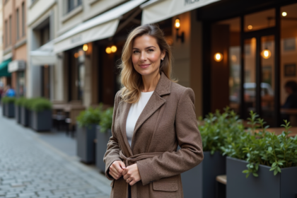 Femme élégante en manteau cintré dans une rue urbaine
