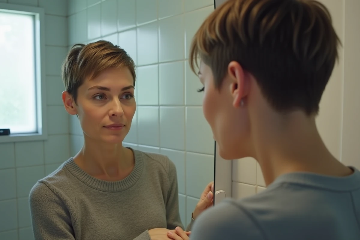 Femme vérifiant sa croissance capillaire dans un miroir à la maison