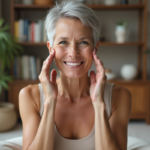 Femme souriante faisant un exercice de yoga facial