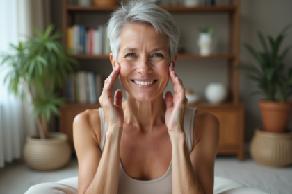 Femme souriante faisant un exercice de yoga facial
