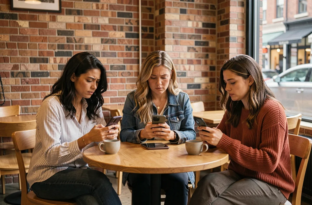 Groupe de femmes dans un café consultant leurs smartphones, représentant l'impact des standards de beauté algorithmiques sur différentes générations