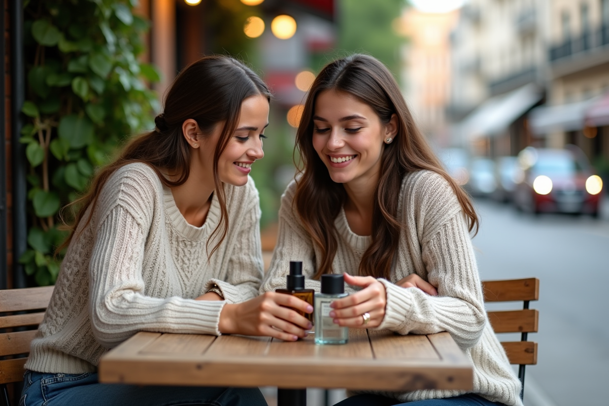 Deux femmes découvrant des parfums dans un café en plein air