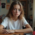 Jeune fille appliquant un maquillage araignee sur l'œil