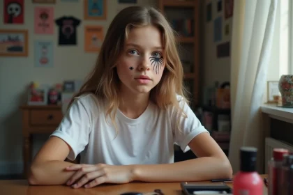 Jeune fille appliquant un maquillage araignee sur l'œil