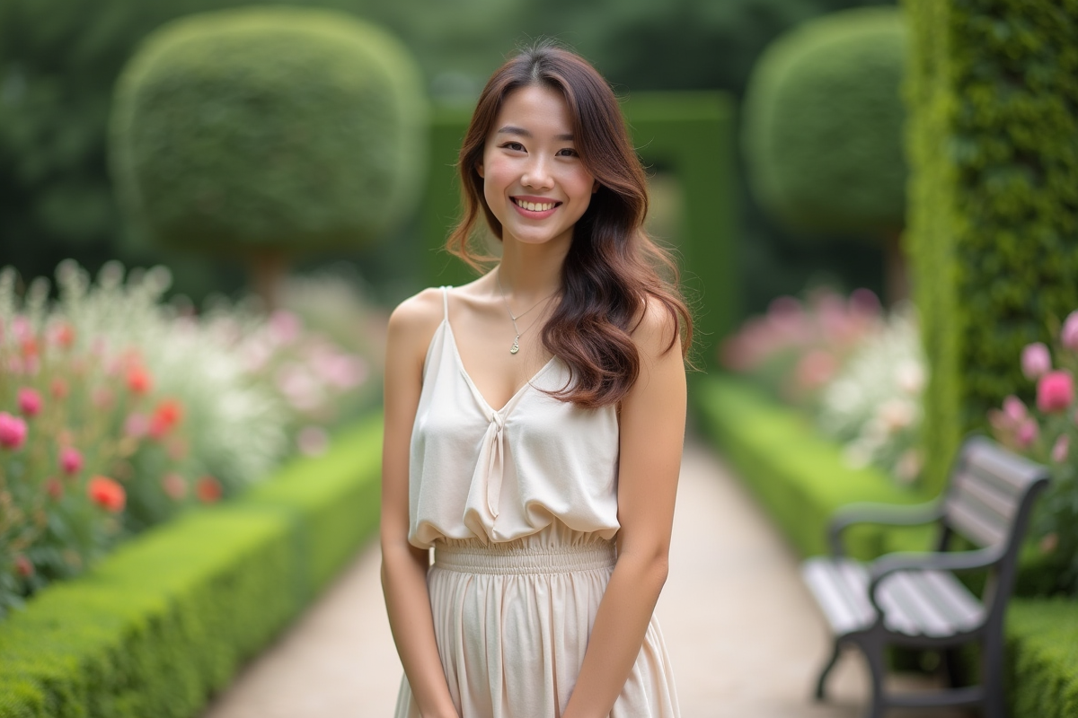 Jeune femme souriante dans un jardin fleuri