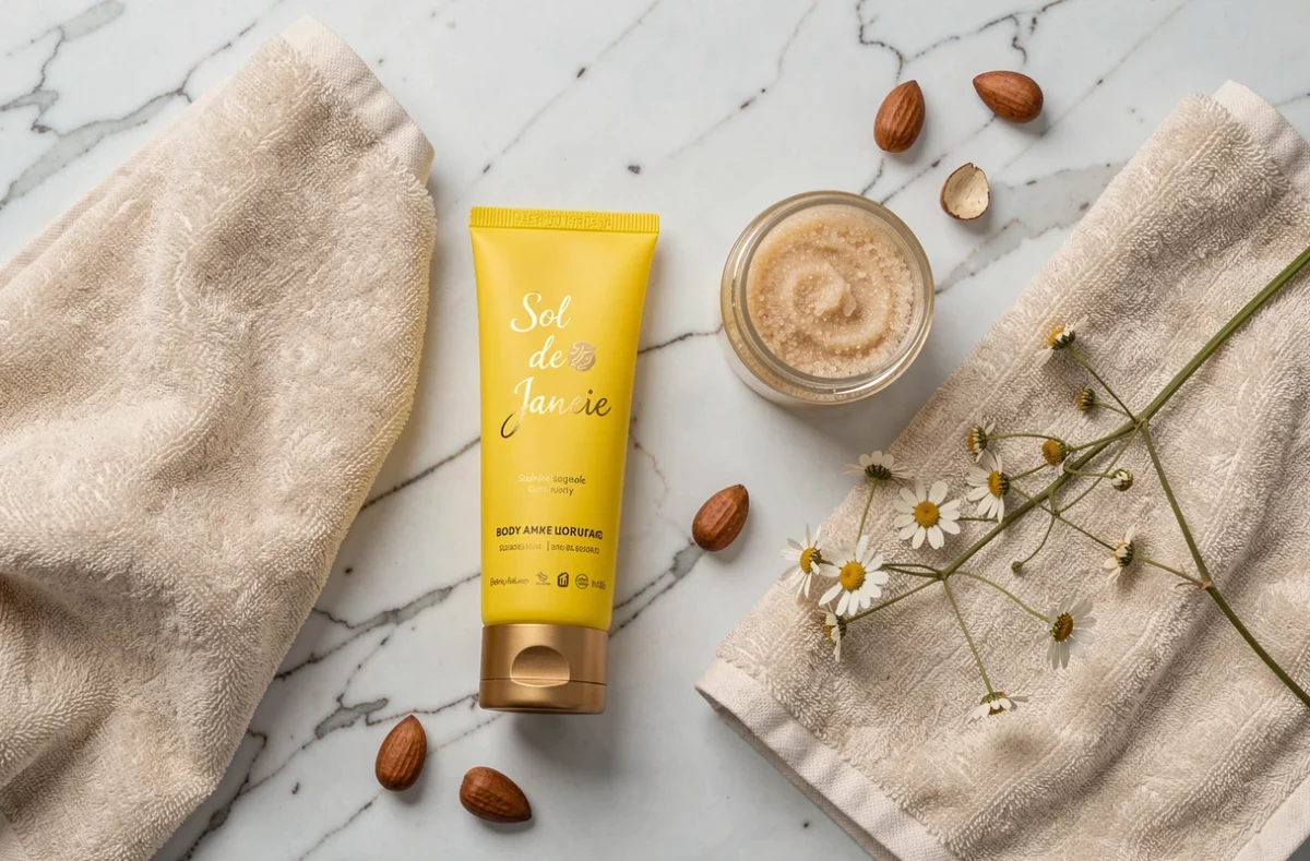 Flat lay de produits Sol de Janeiro et accessoires de soin pour rituel peau sèche en hiver
