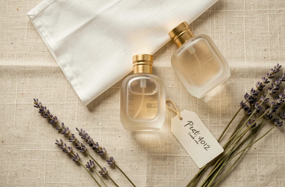 Flat lay de plusieurs flacons de parfum abordables posés sur du lin avec de la lavande séchée pour illustrer les dupes Action parfum