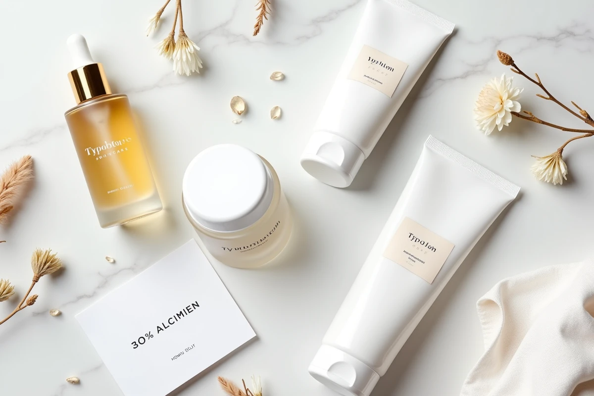 Flat lay de produits cosmétiques minimalistes Typology sur marbre blanc avec bon de promotion, ambiance épurée et naturelle