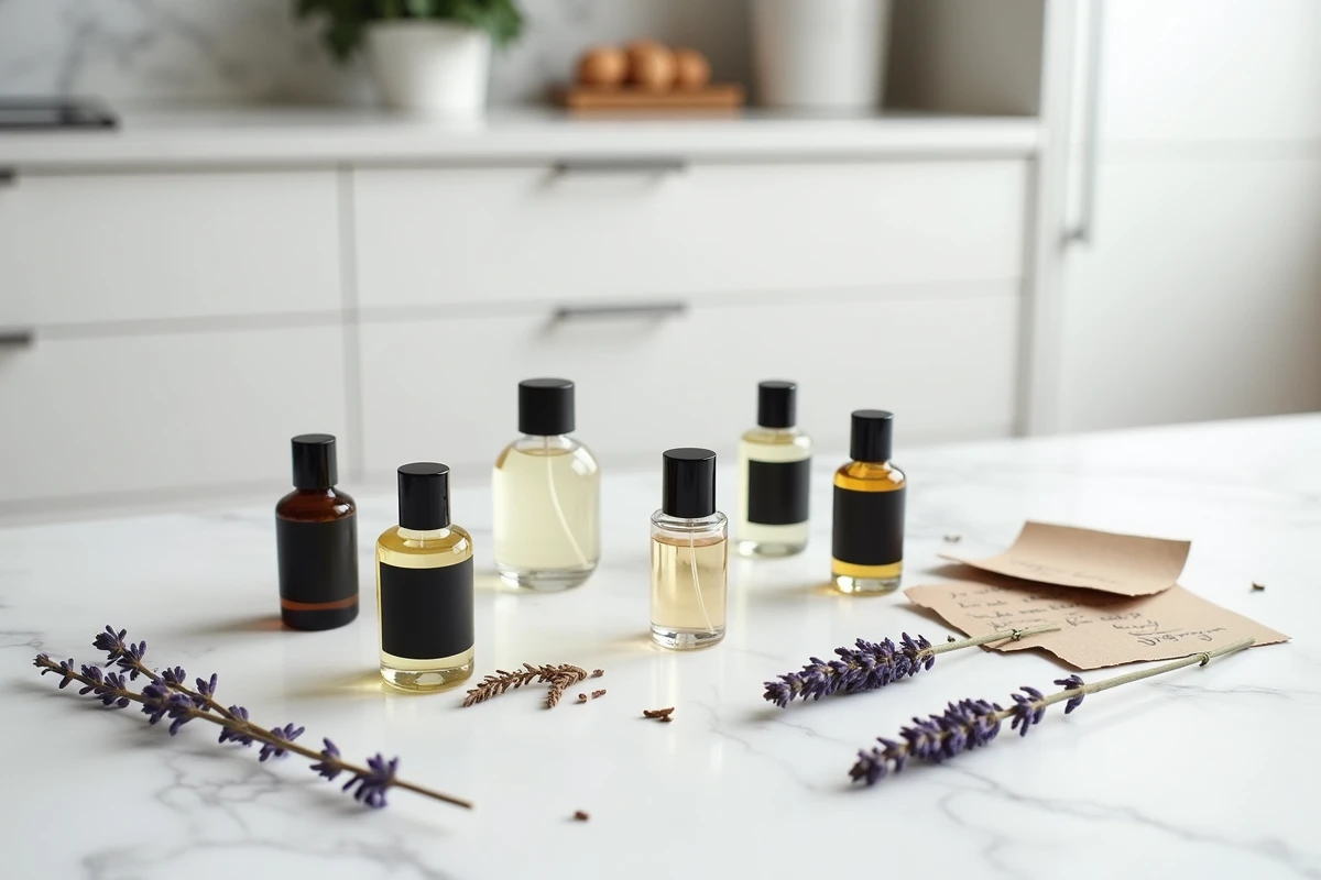 Flatlay de plusieurs flacons de parfum équivalents Lidl sur marbre blanc avec notes manuscrites pour comparaison