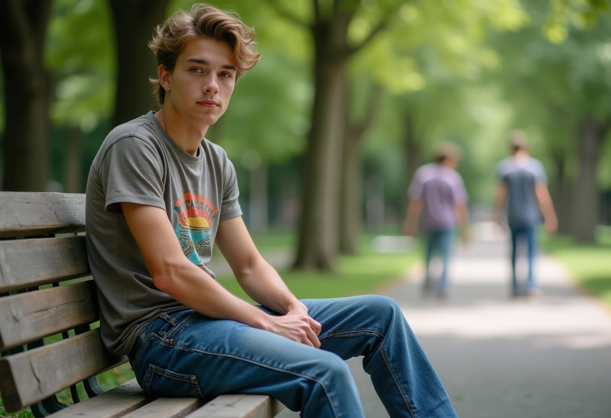 Jeune homme en jeans vintage dans un parc