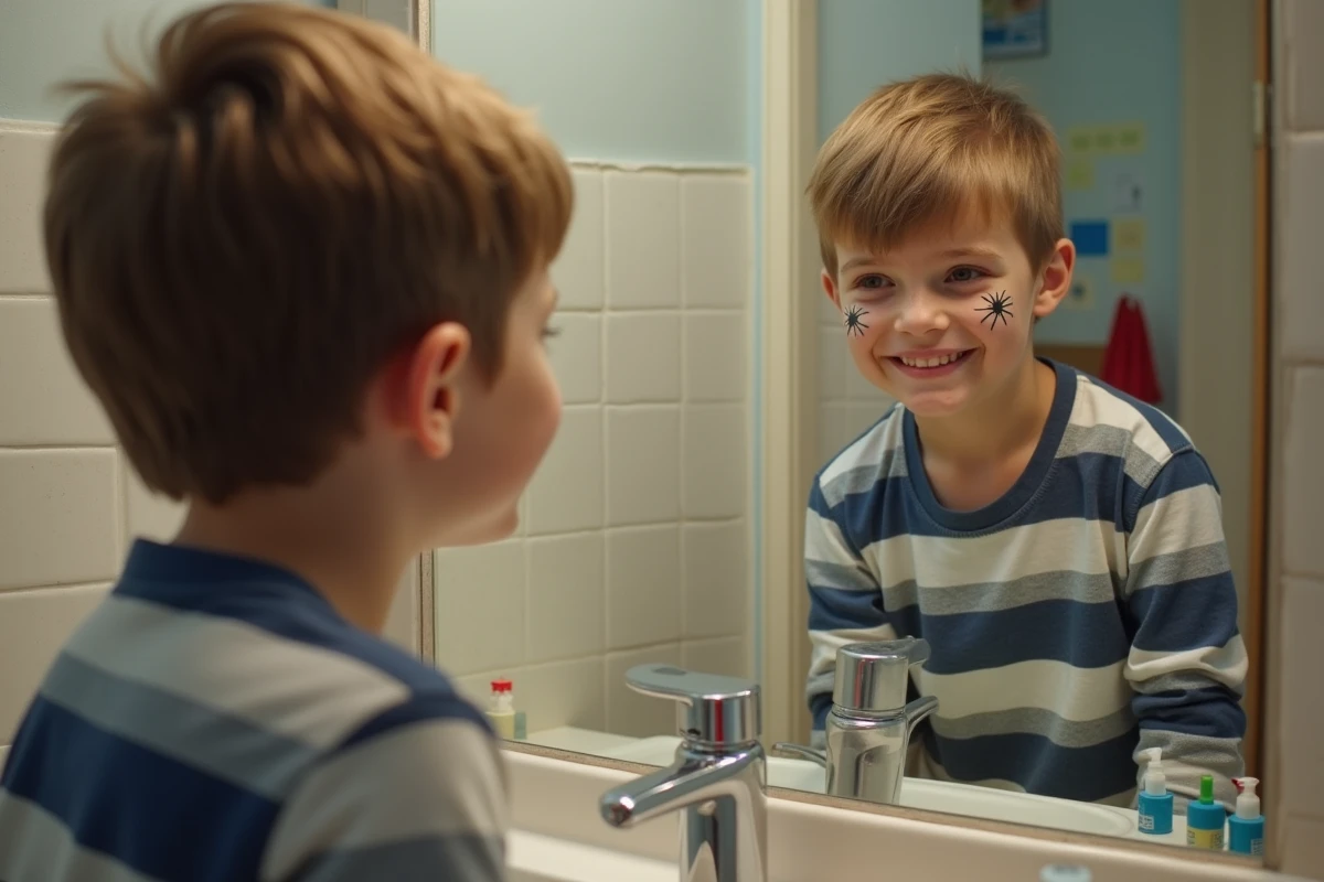 Garçon regardant son maquillage araignee dans le miroir
