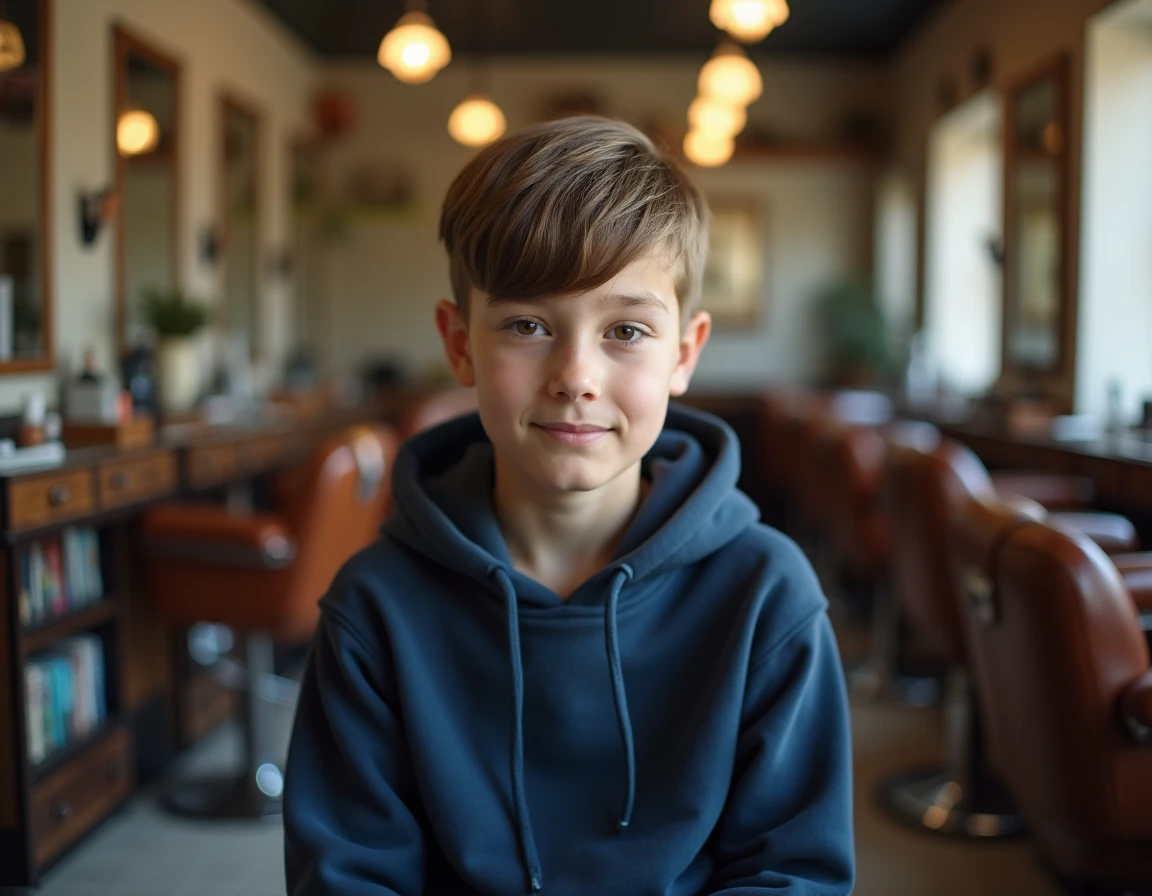Jeune garçon avec mèche sur le front assis dans un salon de coiffure barbershop vintage