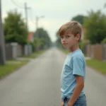 Jeune garçon contemplatif dans une rue de banlieue