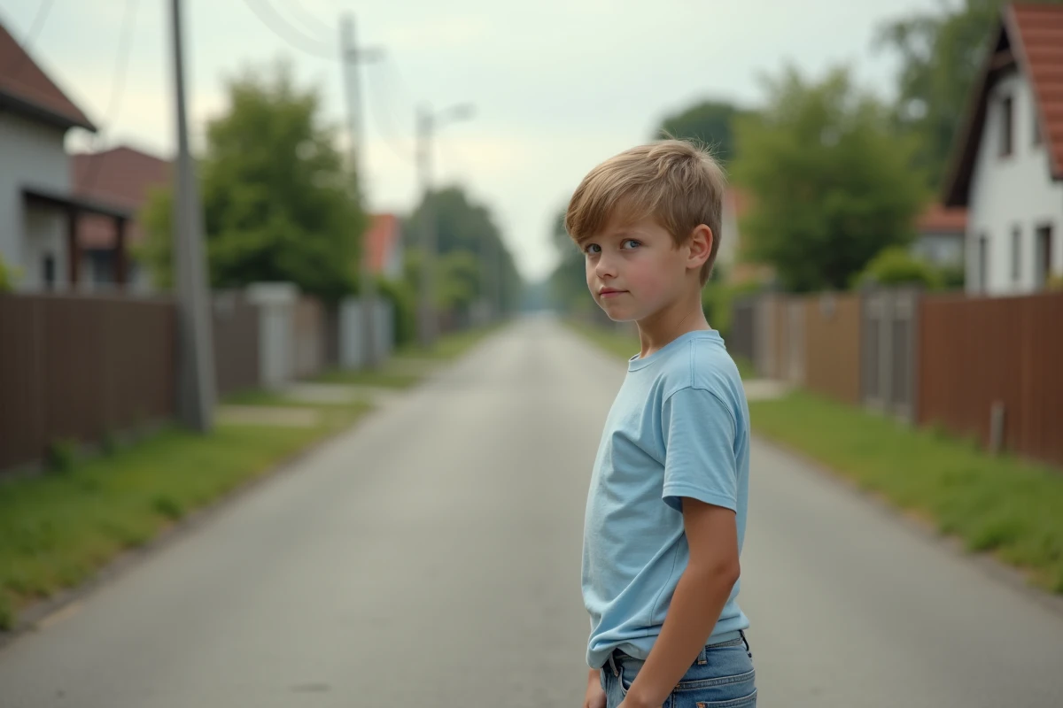 Jeune garçon contemplatif dans une rue de banlieue