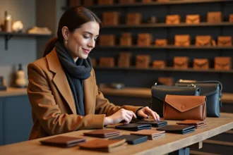 Porte-monnaie femme élégant sur une table en bois