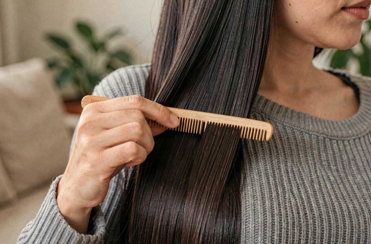 Gros plan sur des cheveux lisses et brillants peignés à la main avec un peigne en bois dans un salon cosy