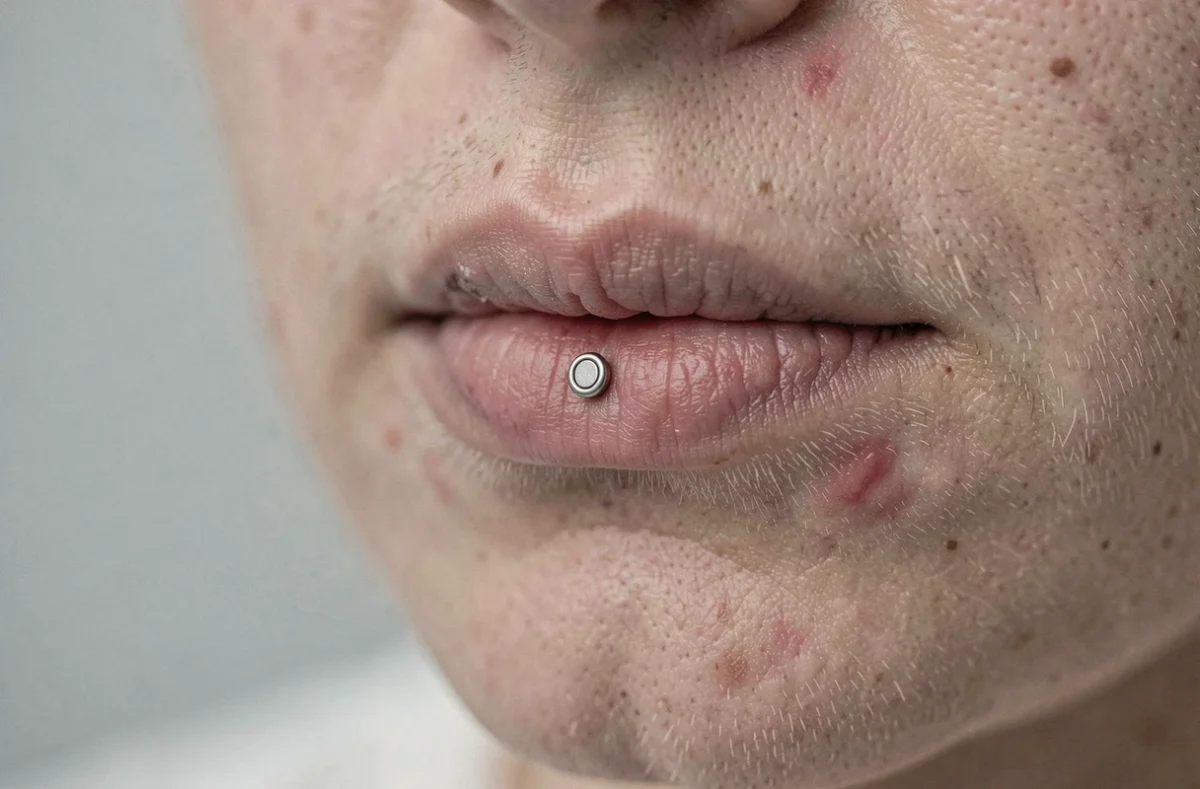 Gros plan d'un piercing labret avec rougeur et gonflement léger autour du bijou pour illustration médicale