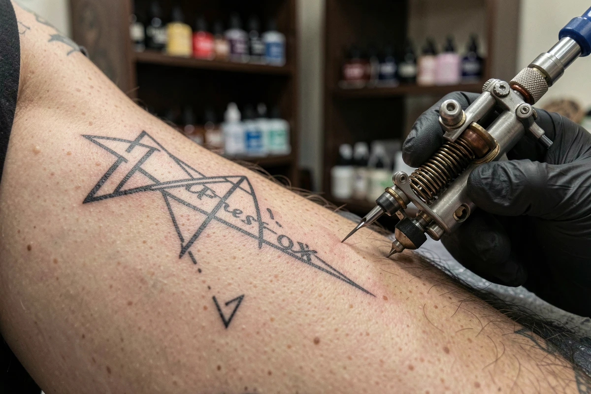 Gros plan sur un tatouage géométrique noir et gris en cours de réalisation sur le bras d'un homme dans un salon toulousain