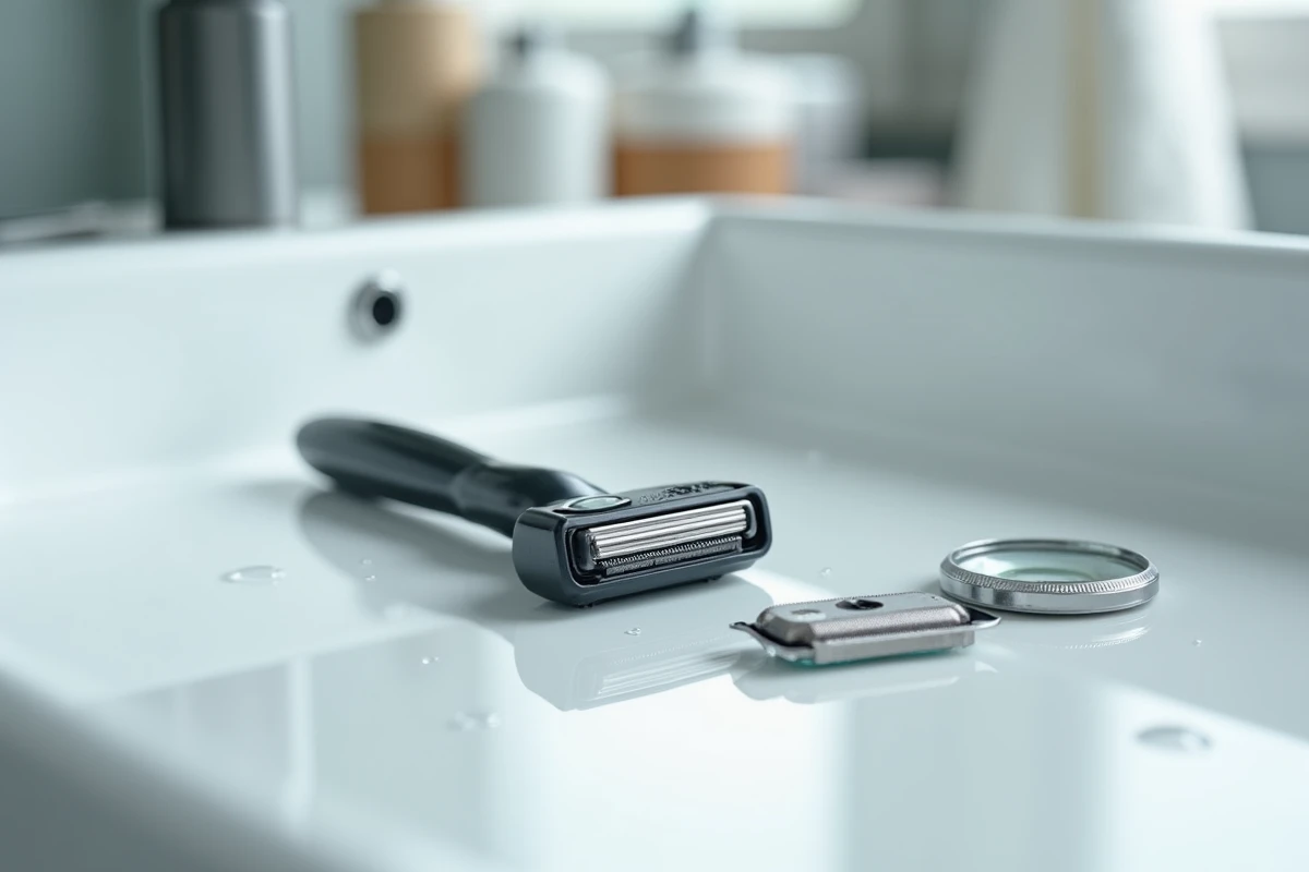 Gros plan sur la tête de rasage usée d'un rasoir OneBlade posée sur un lavabo en céramique blanche