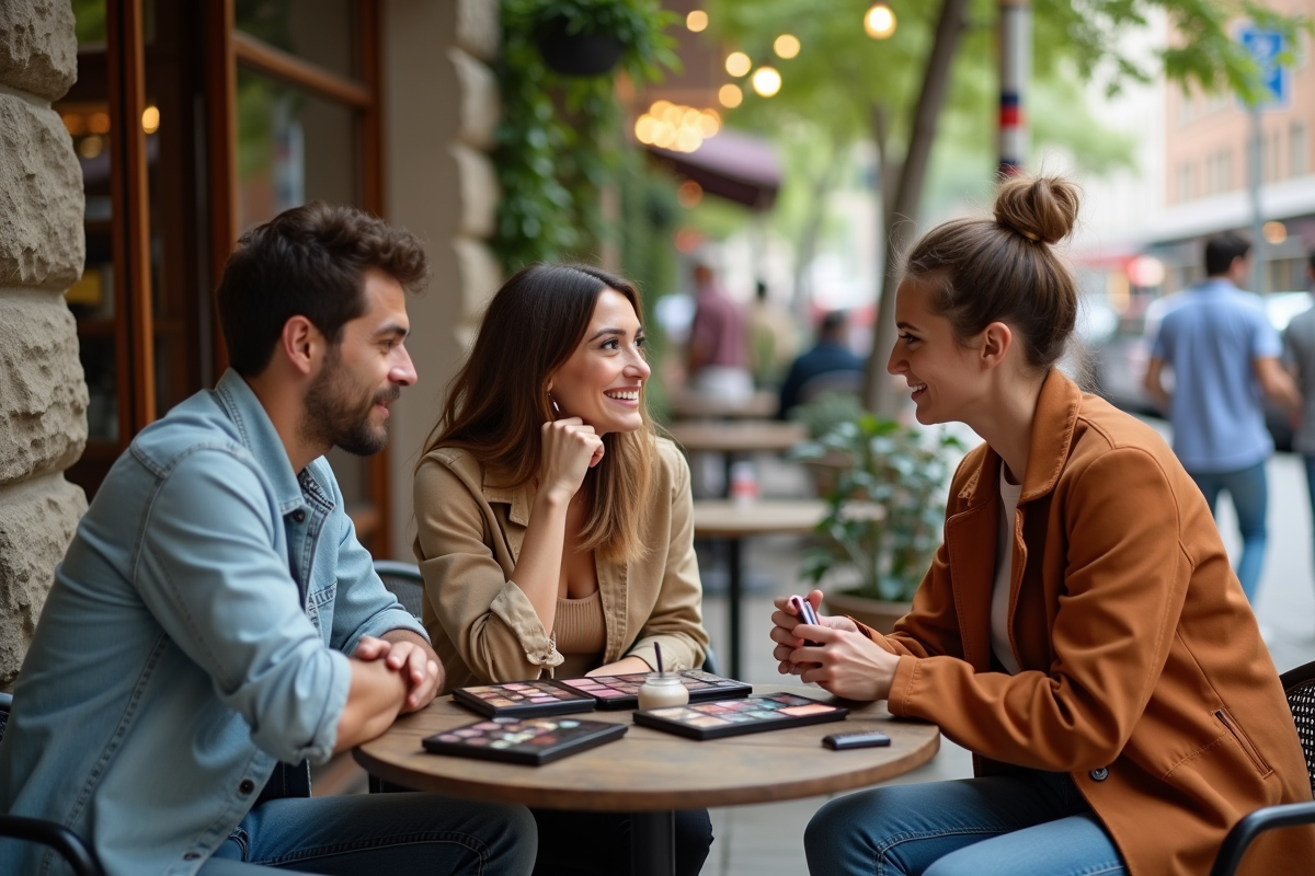 Groupe d amis comparant des palettes de maquillage au cafe