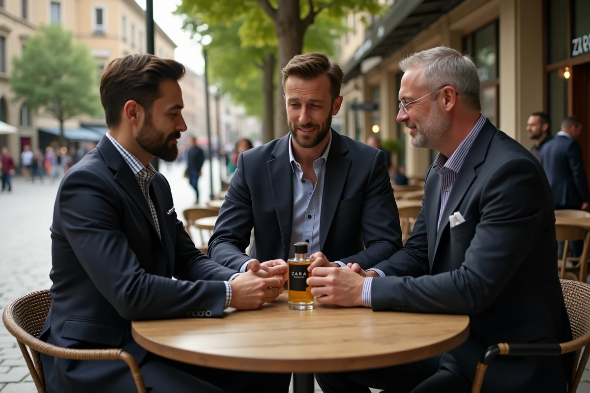 Trois hommes comparant des parfums Zara en extérieur