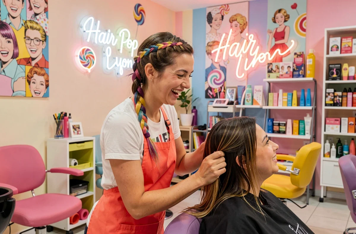 Ambiance colorée et joyeuse du salon Hair Pop Lyon avec coiffeuse souriante et décoration pop art pastel
