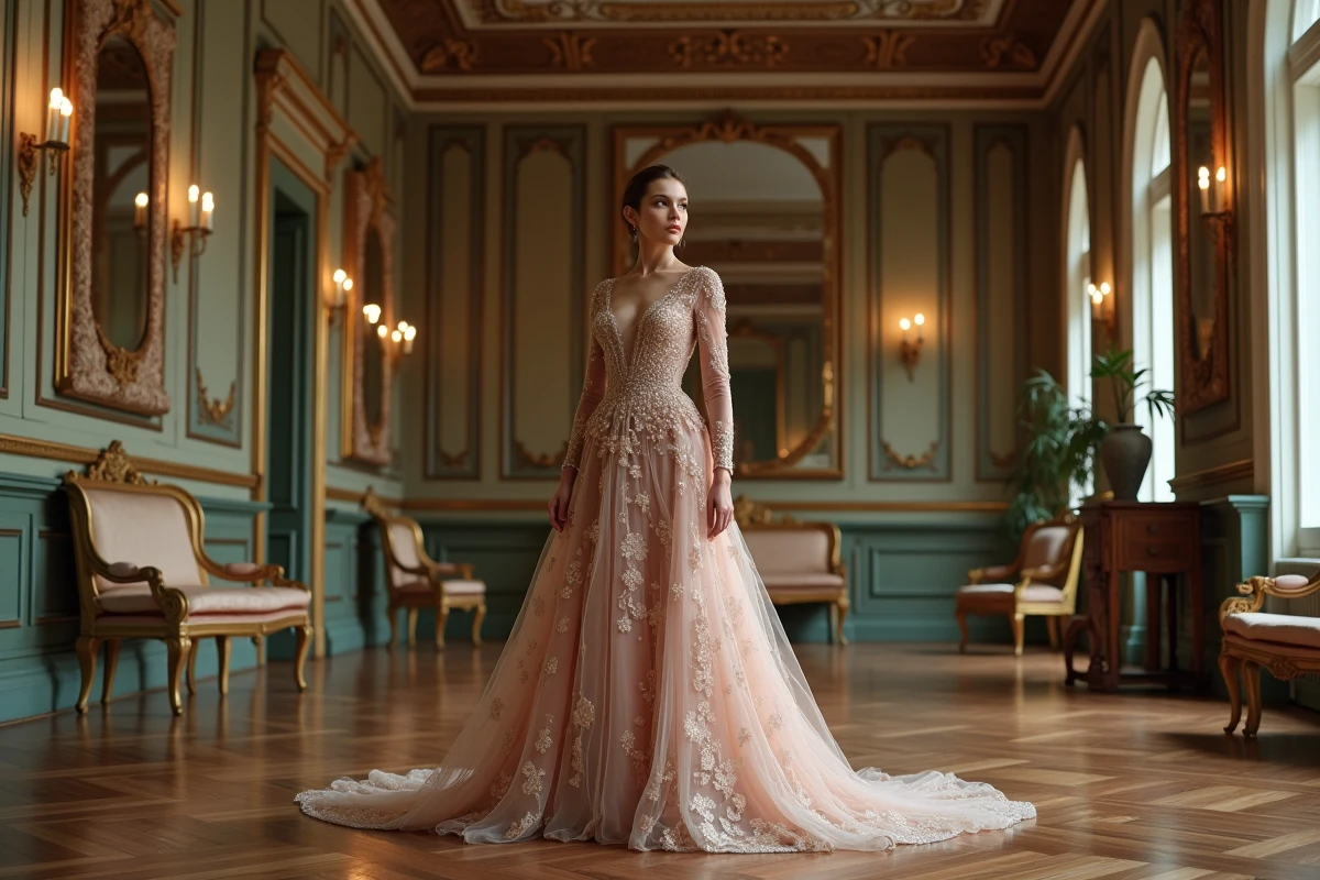 Modèle en robe de haute couture dans un salon parisien