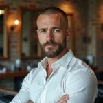 Homme de 40 ans avec une coupe buzz cut fraîche dans un salon de coiffure urbain, style éditorial naturel
