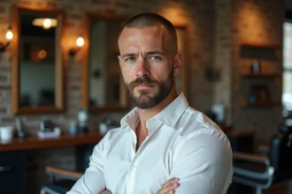 Homme de 40 ans avec une coupe buzz cut fraîche dans un salon de coiffure urbain, style éditorial naturel