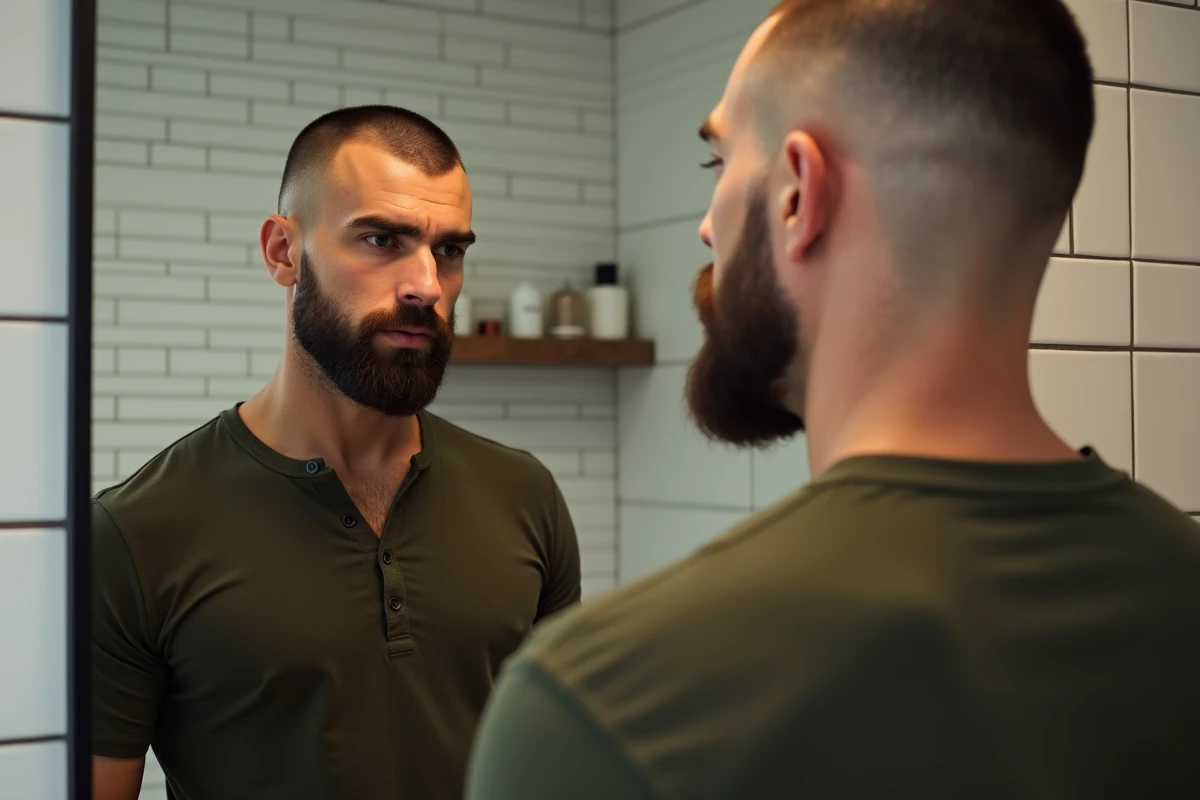 Homme de 40 ans admirant sa nouvelle coupe buzz cut dans le miroir de sa salle de bain moderne