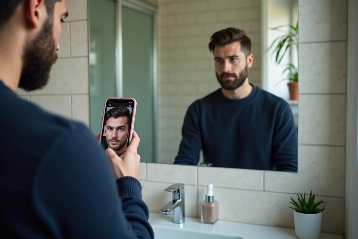 Homme vérifiant une application de coiffure dans sa salle de bain