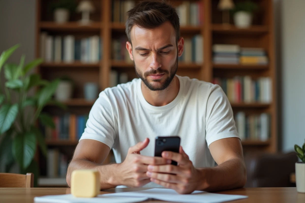 Homme consultant un avis Yuka sur son téléphone en tenant un shampoing solide Comme Avant