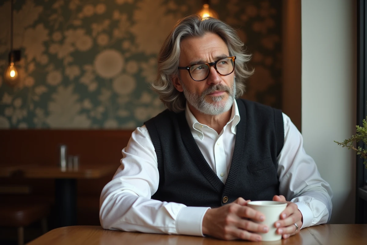 Homme pensif assis dans un café avec tasse à la main