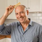 Homme chauve souriant tenant un peigne humoristique contre son crâne rasé dans une cuisine moderne