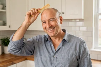 Homme chauve souriant tenant un peigne humoristique contre son crâne rasé dans une cuisine moderne