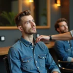 Jeune homme en réflexion avec son coiffeur pour une transition capillaire