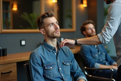 Jeune homme en réflexion avec son coiffeur pour une transition capillaire