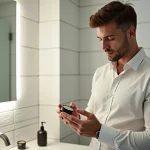 Homme aux cheveux courts stylisés avec de la cire mate tenant un pot de cire dans une salle de bain moderne