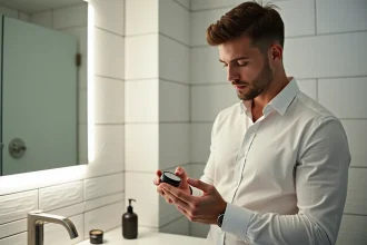 Homme aux cheveux courts stylisés avec de la cire mate tenant un pot de cire dans une salle de bain moderne