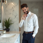 Homme en chemise blanche appliquant du cologne dans un bain moderne