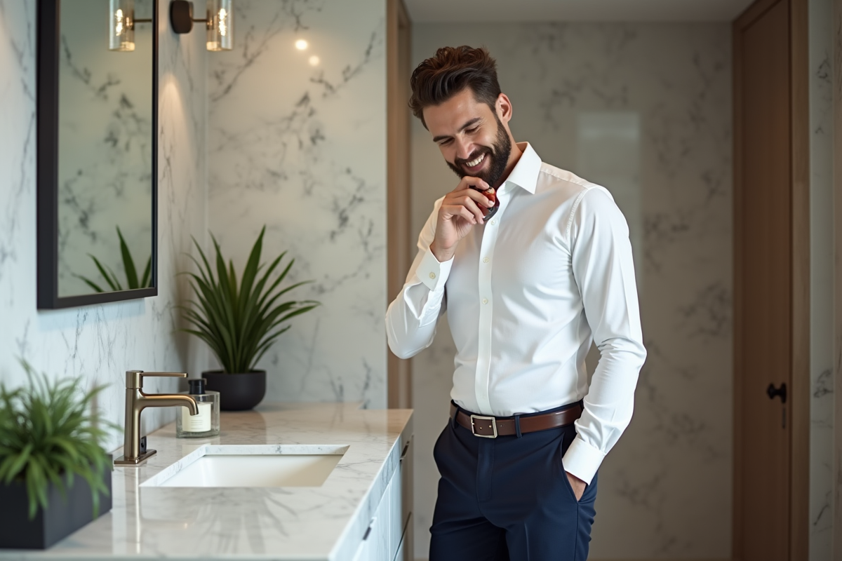 Homme en chemise blanche appliquant du cologne dans un bain moderne