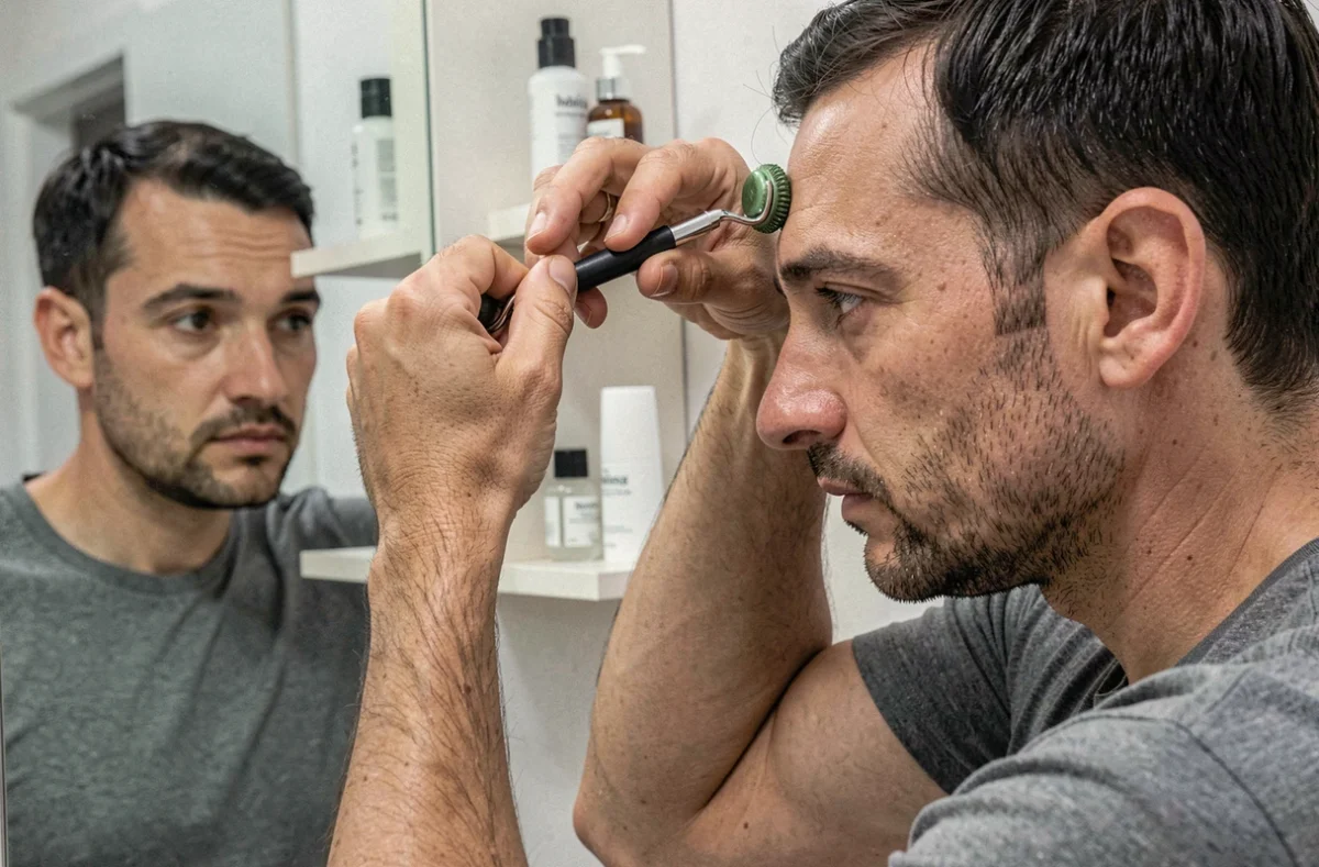 Homme appliquant un dermaroller sur le cuir chevelu devant un miroir de salle de bain pour traiter la chute des cheveux