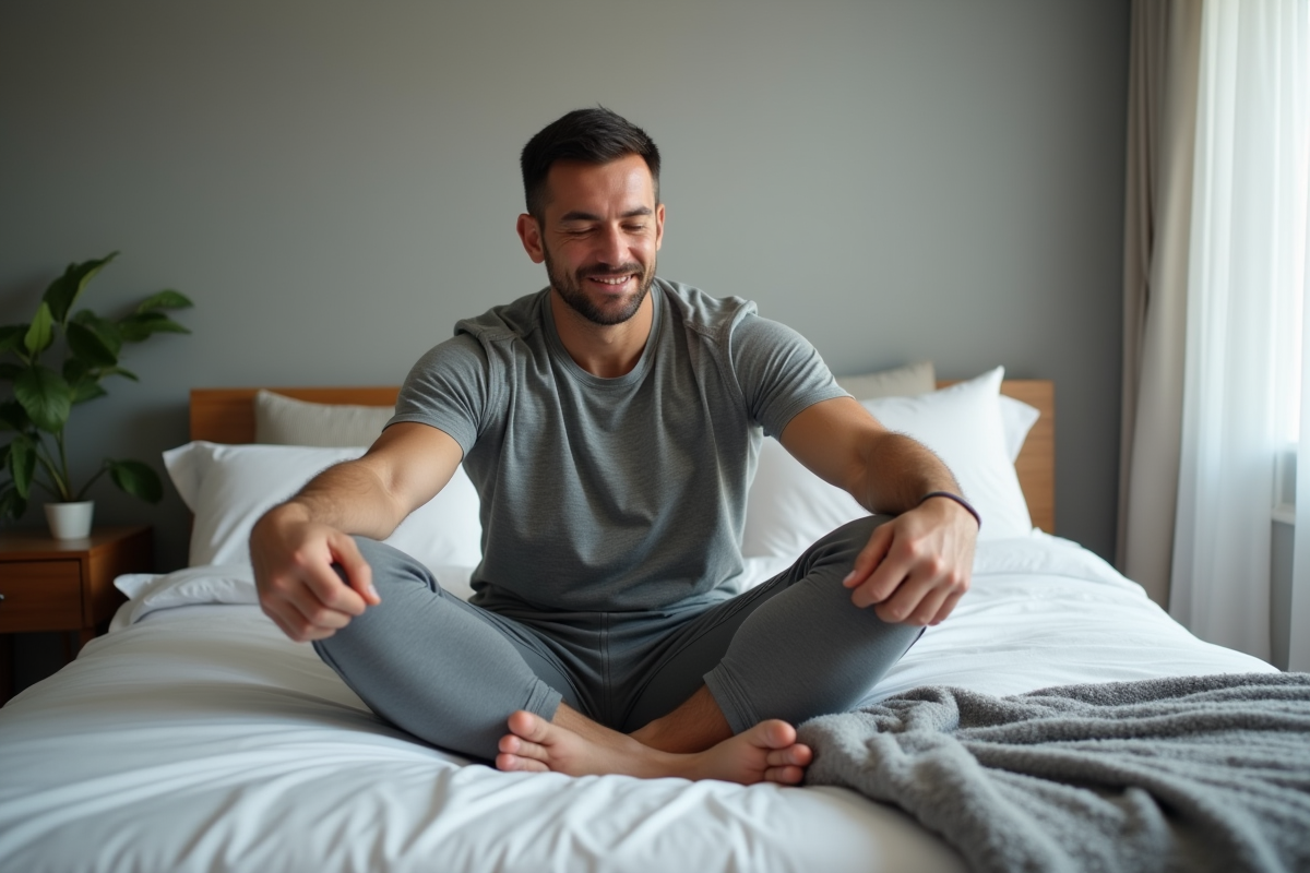 Homme en tenue de sport faisant un exercice sur le lit