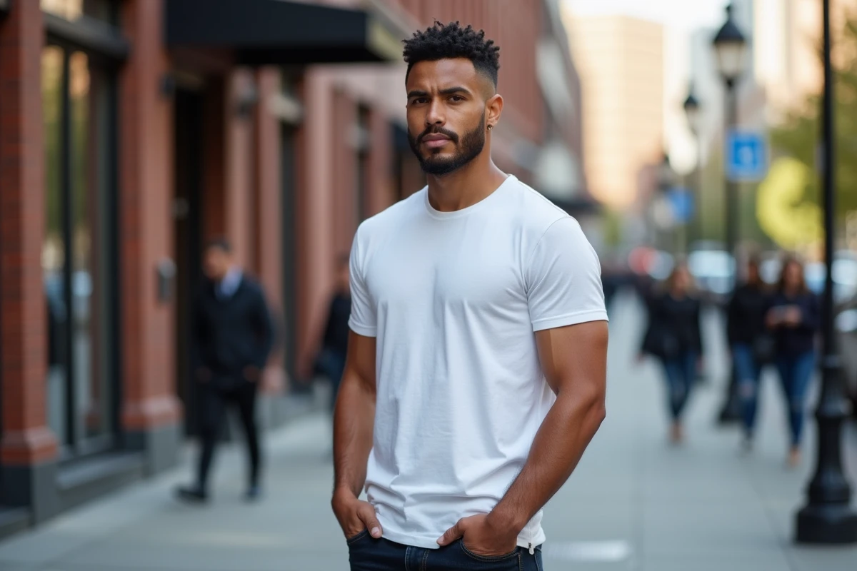 Homme en ville arborant une coupe fade taper impeccable avec un dégradé progressif jusqu'à la peau, portrait en milieu urbain