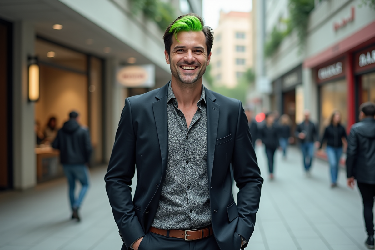 Homme avec des mèches vertes dans une rue urbaine animée