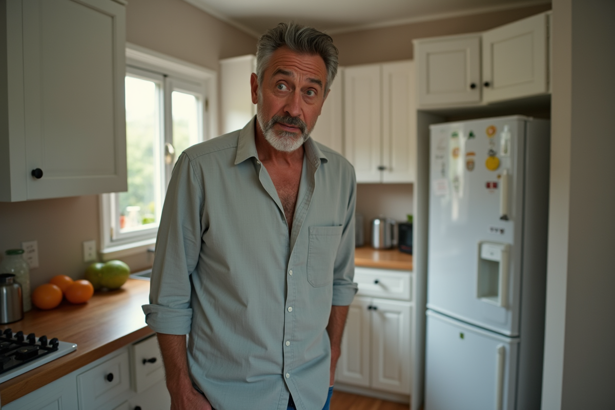 Homme vérifiant son poids dans la cuisine après un massage