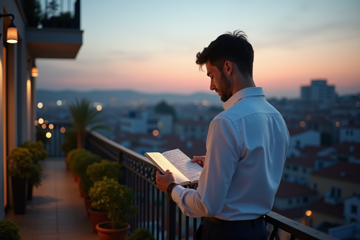 Homme lisant une note sur un balcon urbain au crépuscule