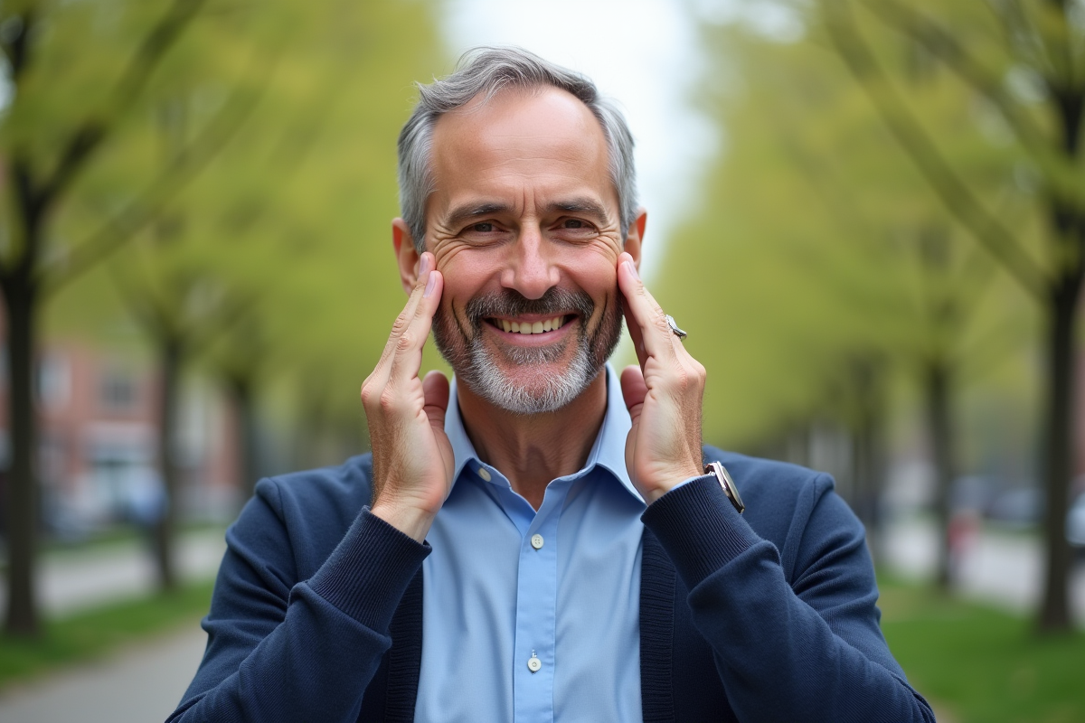 Homme souriant se massant le visage dans un parc urbain au printemps