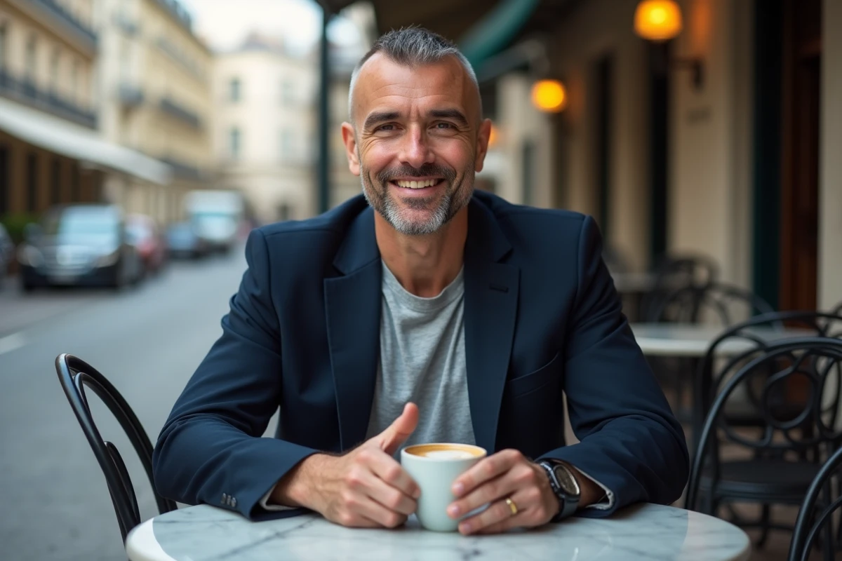Homme de 44 ans avec buzz cut poivre et sel en terrasse de café parisien, allure moderne et décontractée
