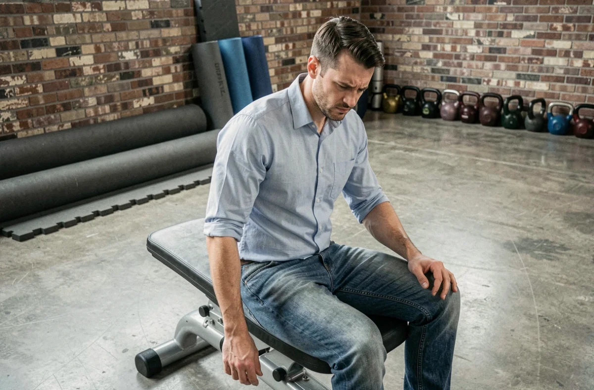 Homme en jeans et chemise essayant de s'étirer dans une salle de sport, exemple des erreurs de style à éviter pour faire de la gym
